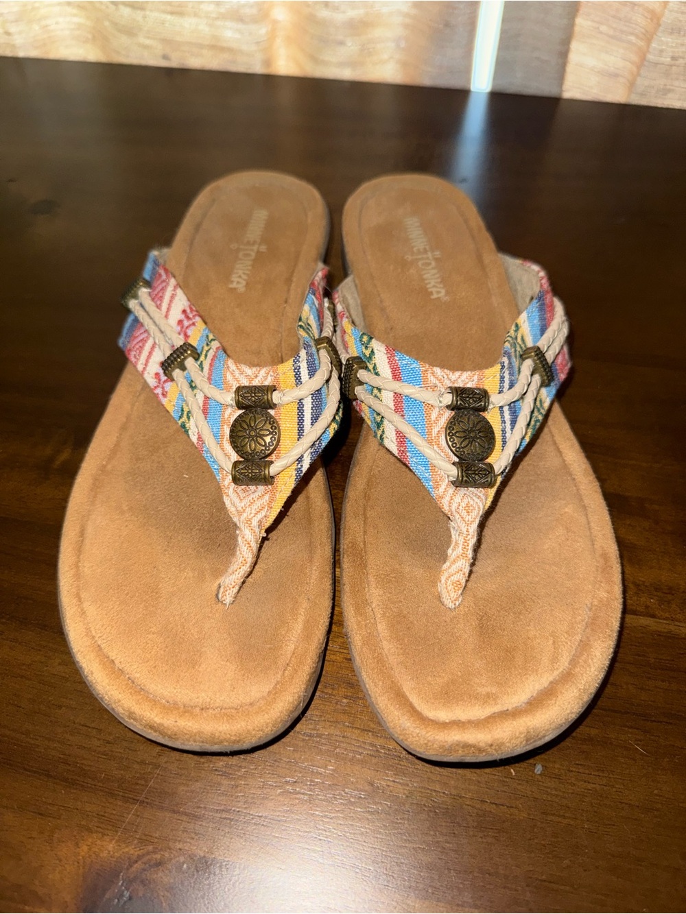 Minnetonka Multicolor Woven Strap Suede Thong Sandals